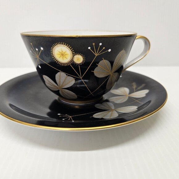 Vintage Jaeger Porzellan Bavarian Black Teacup and Saucer Set Botanical Design - Picture 6 of 8